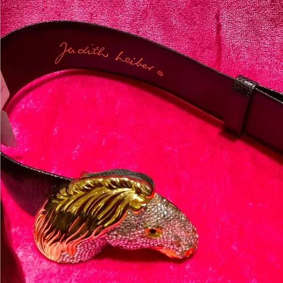 Vintage JUDITH LEIBER Crystal Horse Equine Black leather belt